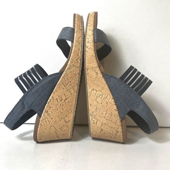 Skechers Luxe Foam Wedge Women's 11 Blue Fabric Sandals Sling Back Open Toe NEW - Picture 6 of 12